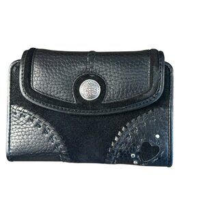 Brighton NEW Black Pebbled Leather Suede Wallet Cutout Heart Folding Red Lining